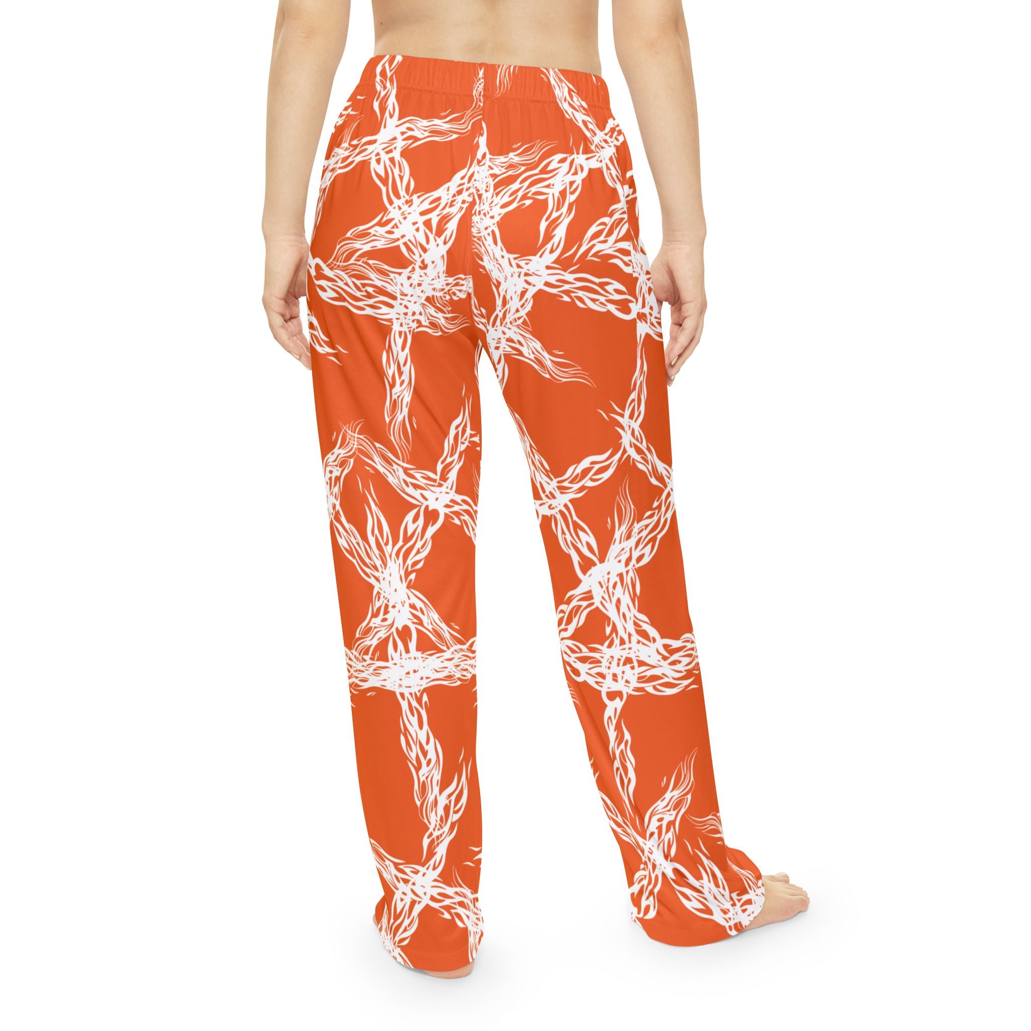 Women's Pajama Pants — Orange White Woven Knot All-Over Print