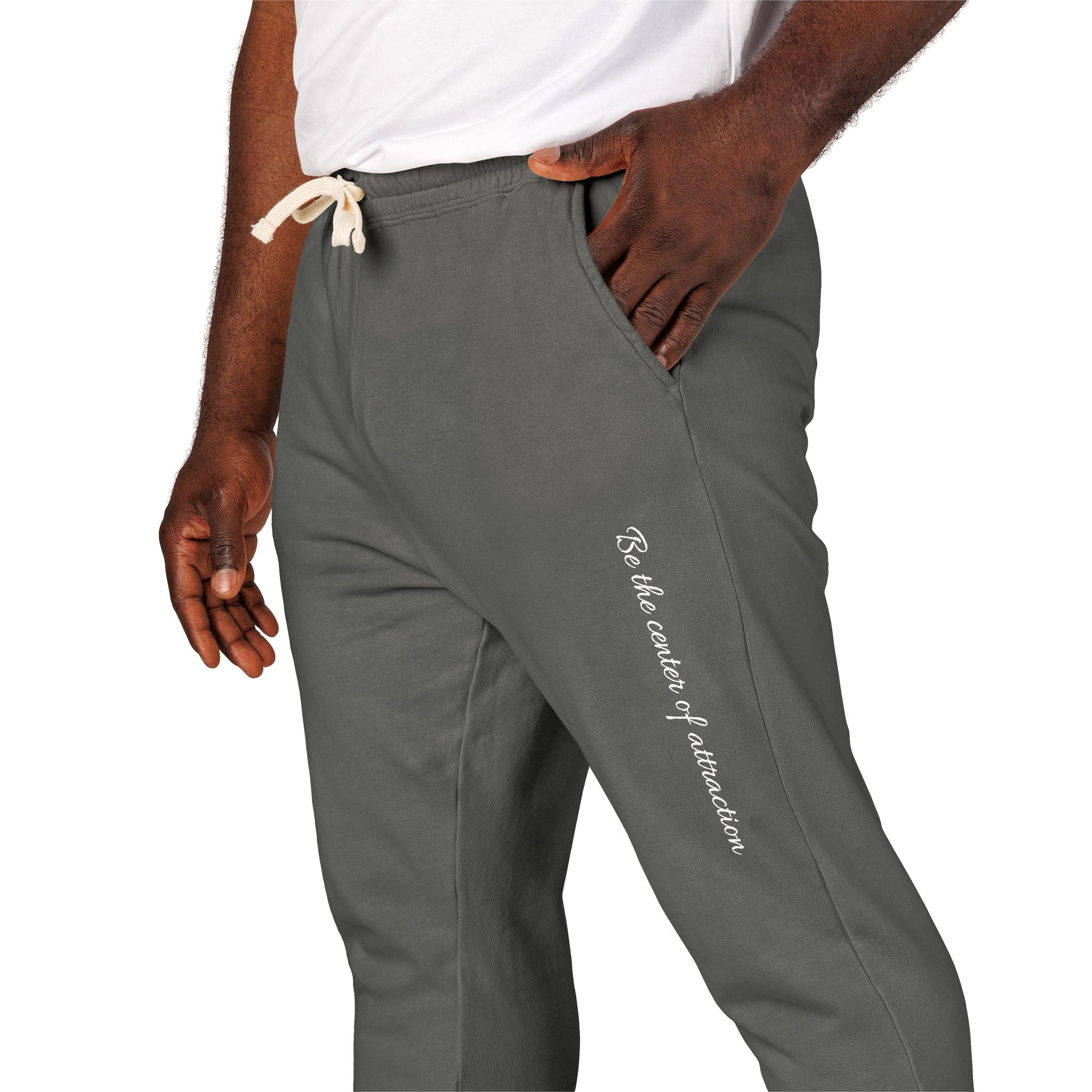 Garment-Dyed Fleece Sweatpants — Minimal Vertical Script Joggers