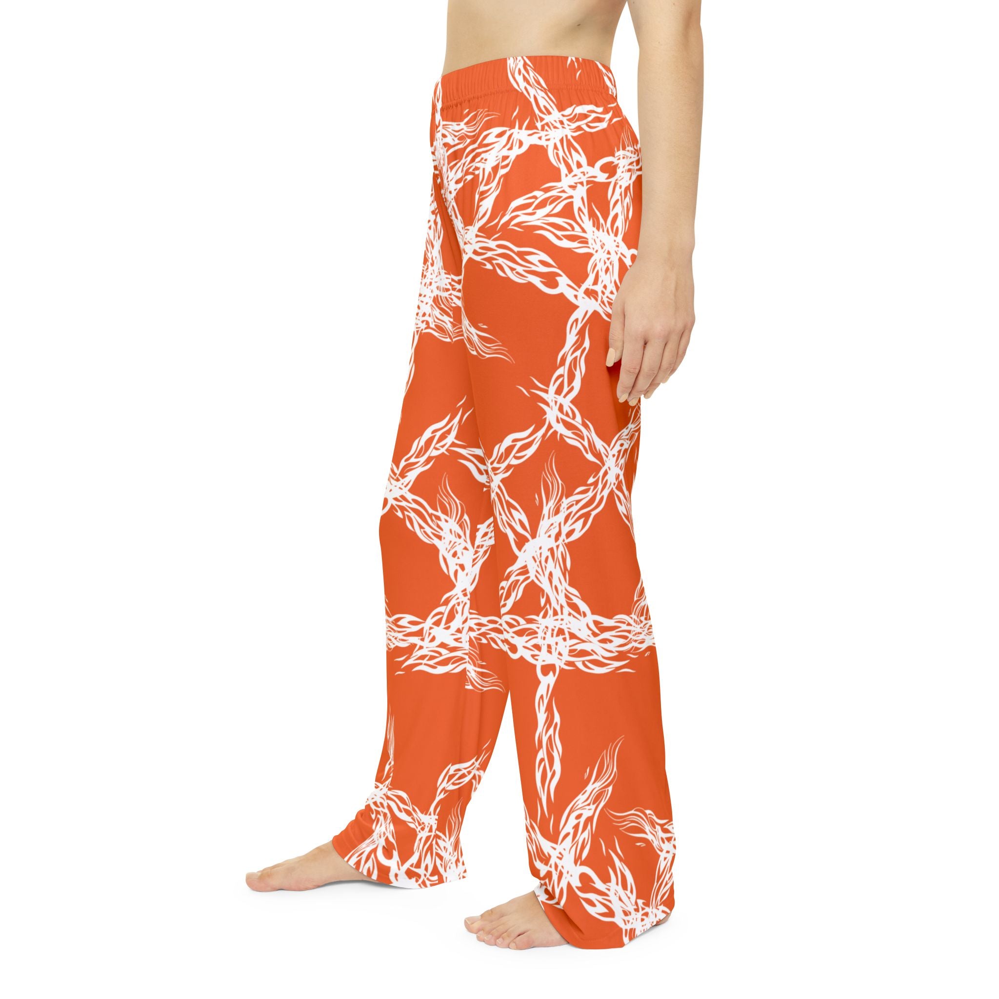 Women's Pajama Pants — Orange White Woven Knot All-Over Print