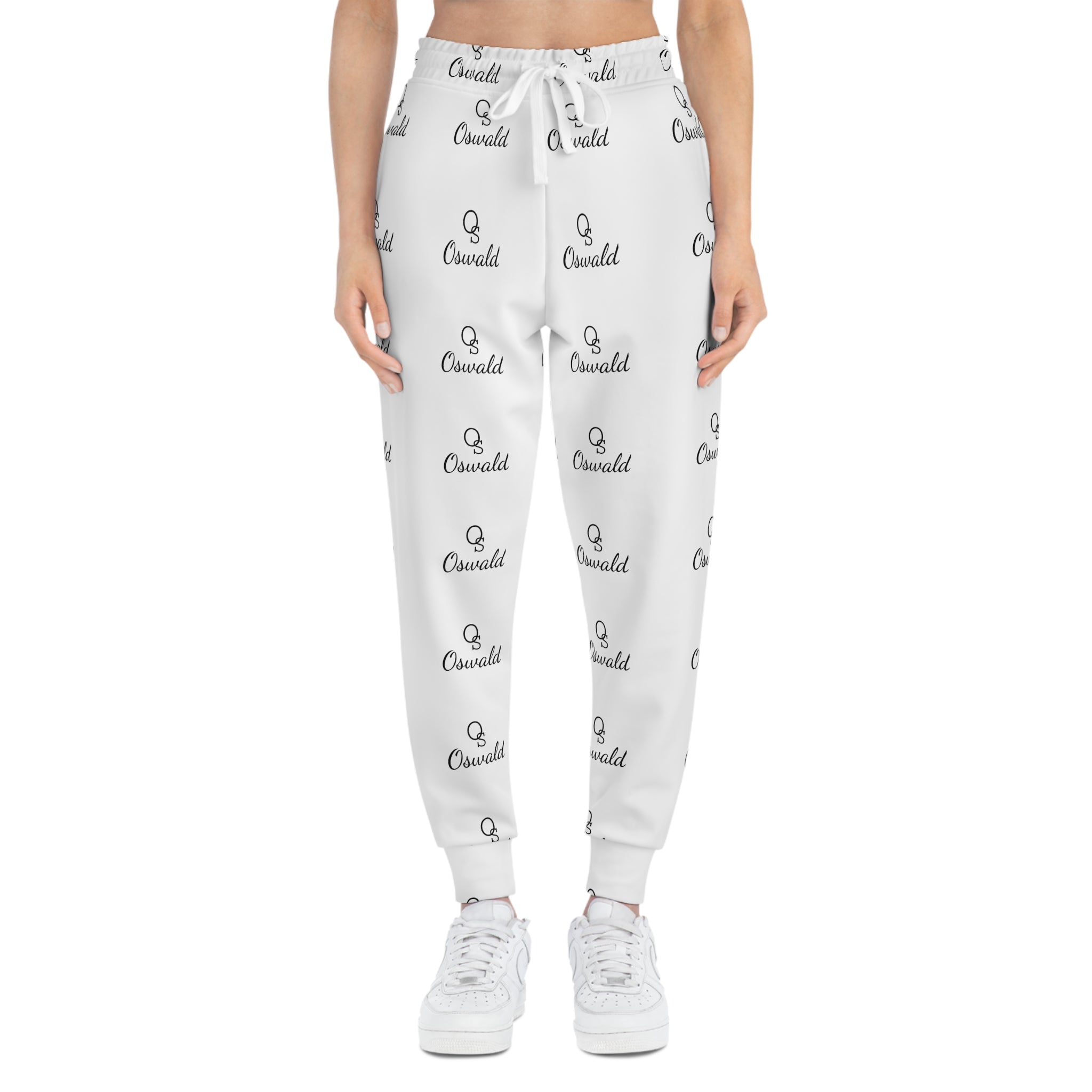White All-Over Logo Athletic Joggers — Minimal Repeat Script Pattern