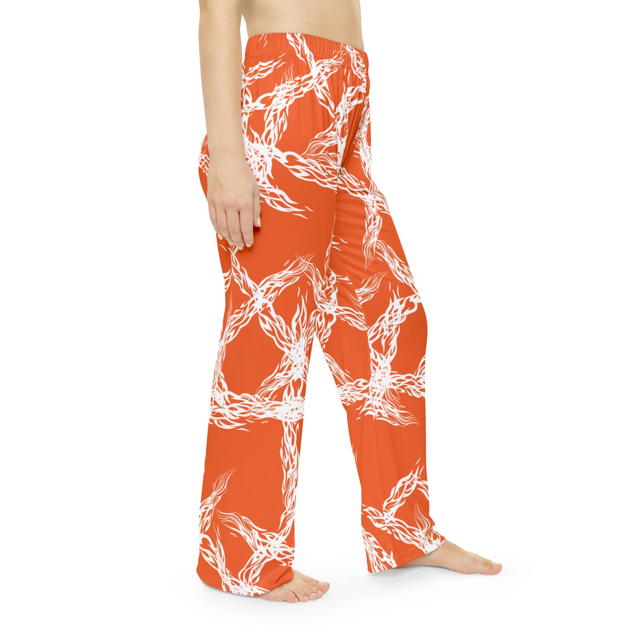 Women's Pajama Pants — Orange White Woven Knot All-Over Print