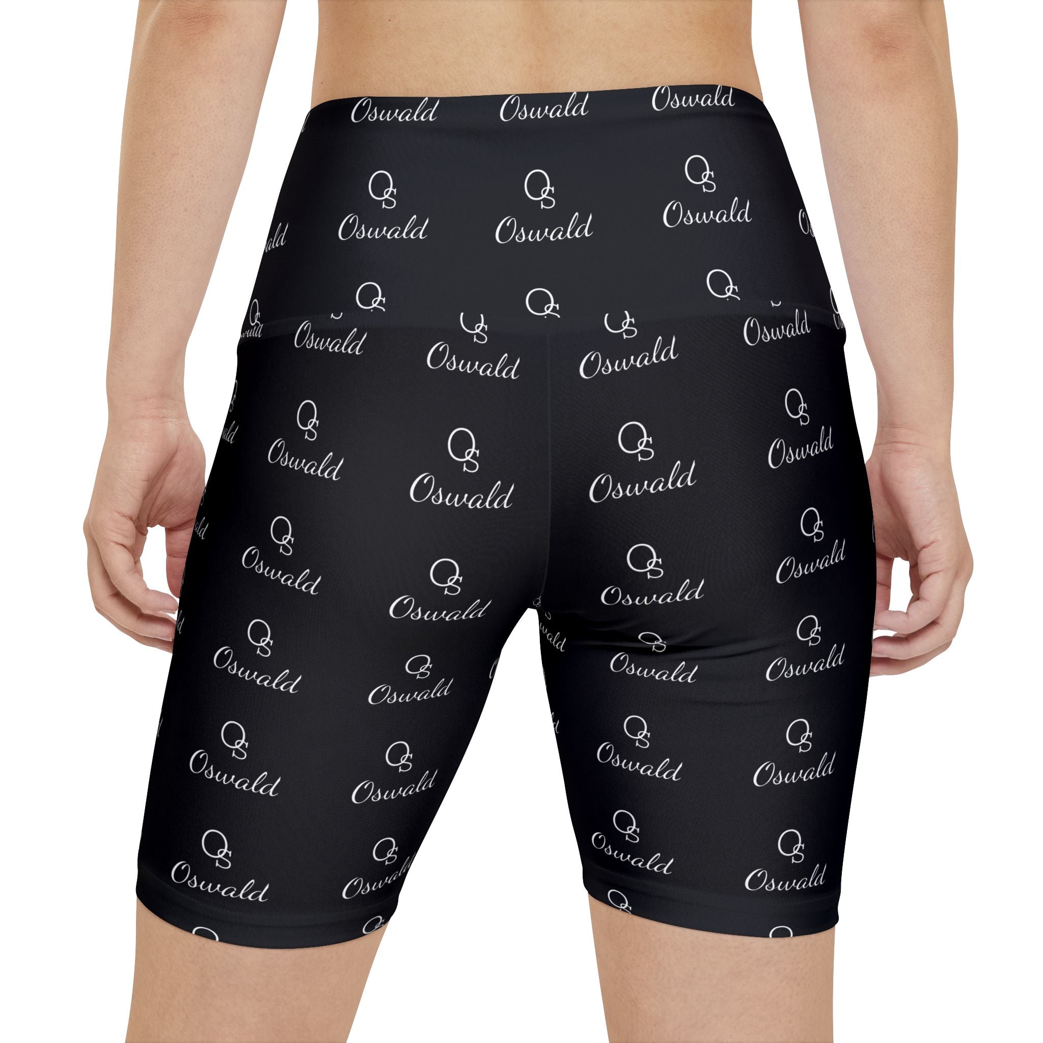 Monogram Repeat Women's Workout Shorts — Black All-Over Print Active Biker Shorts