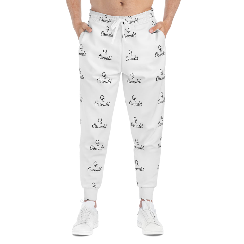 White All-Over Logo Athletic Joggers — Minimal Repeat Script Pattern