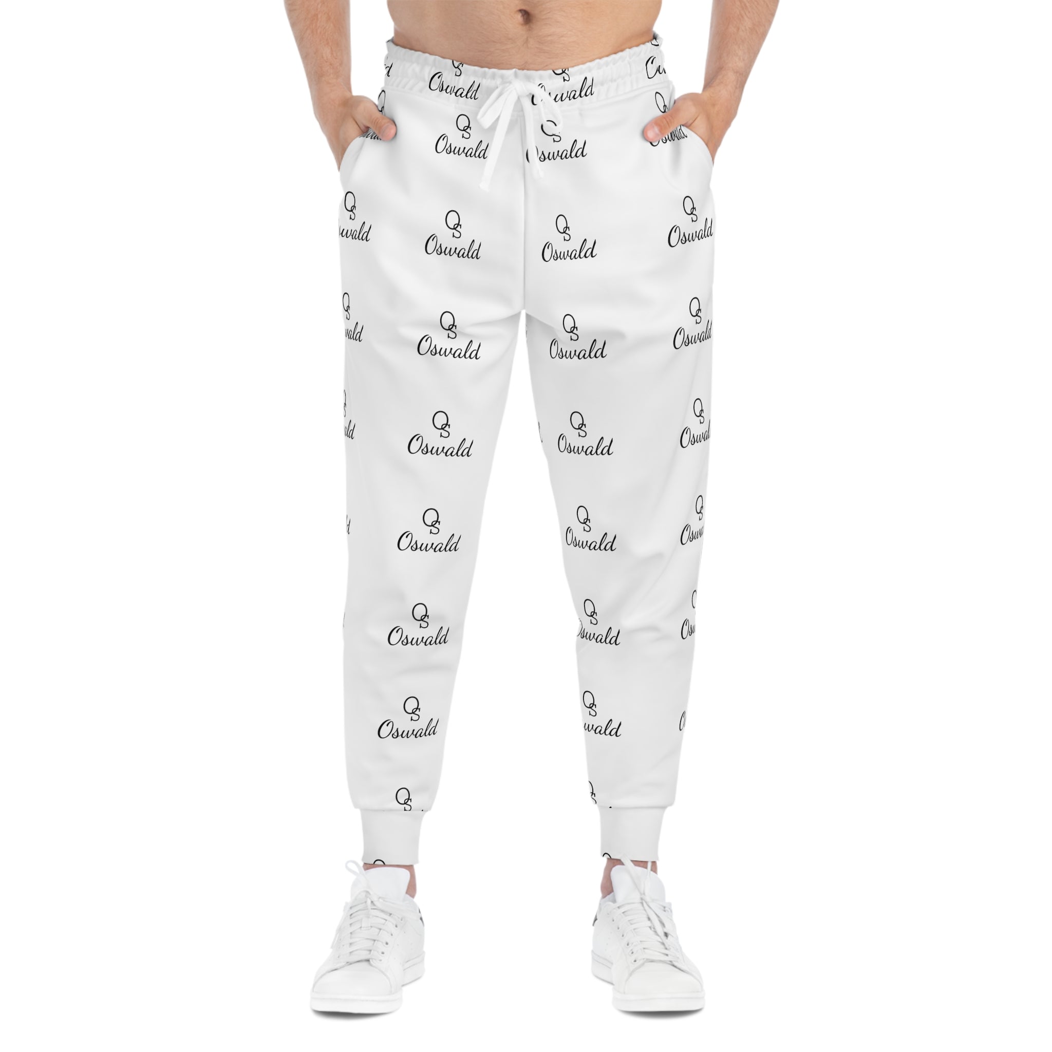 White All-Over Logo Athletic Joggers — Minimal Repeat Script Pattern