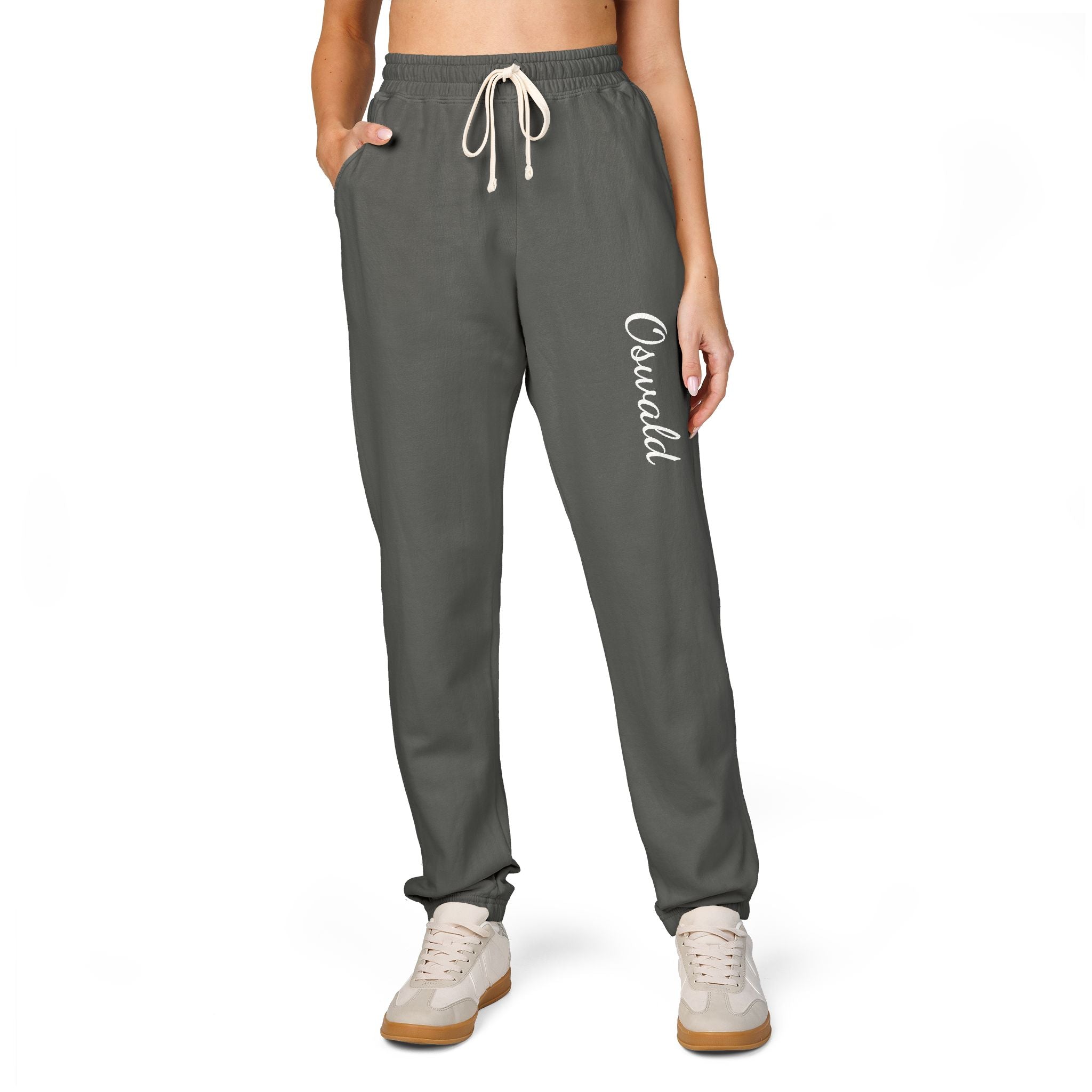 Embroidered 'Overalls' Fleece Sweatpants — Cozy Garment-Dyed Lounge Joggers