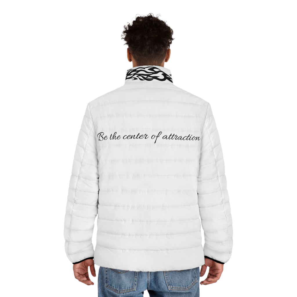Men's Puffer Jacket —  with Black Tribal Accents
