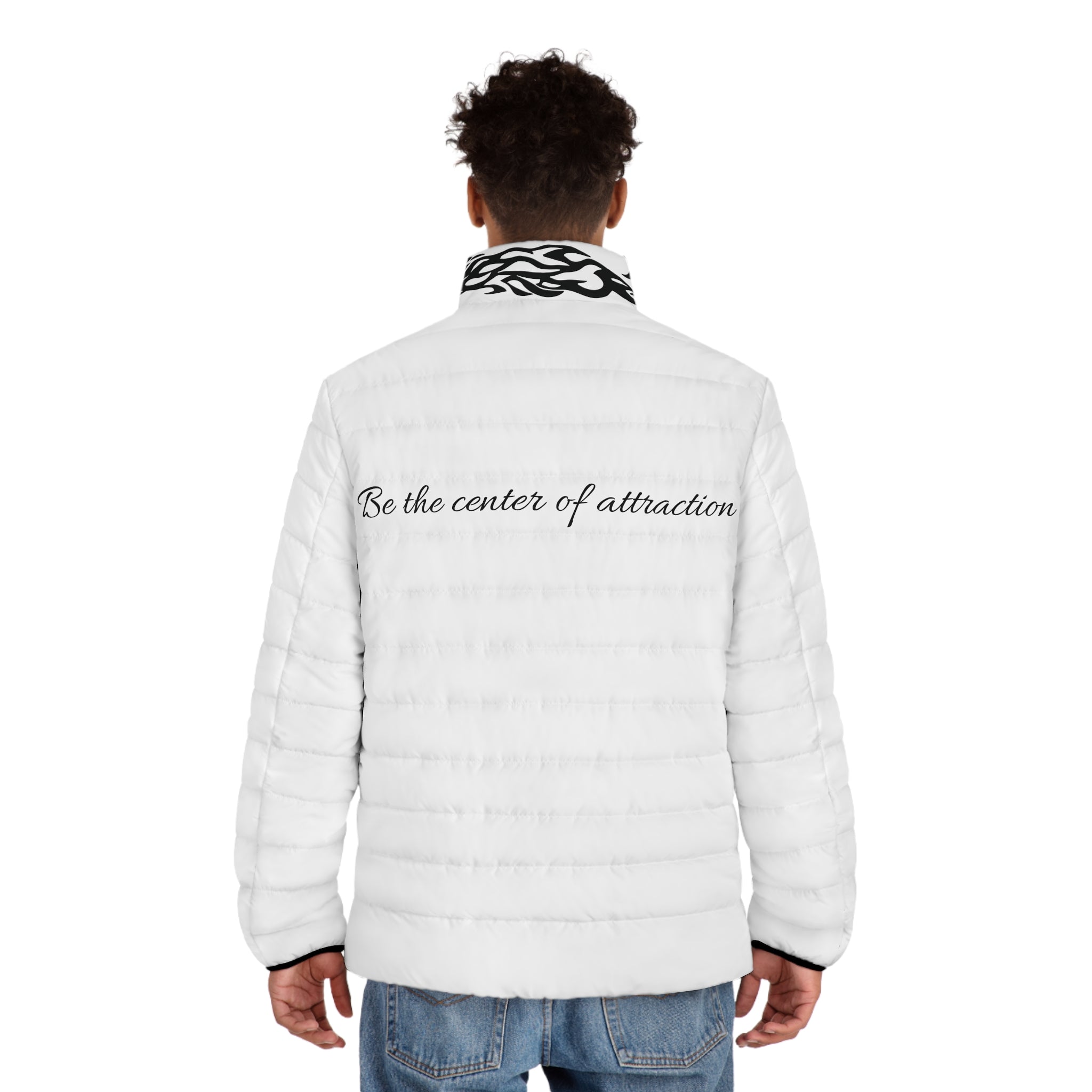 Men's Puffer Jacket —  with Black Tribal Accents