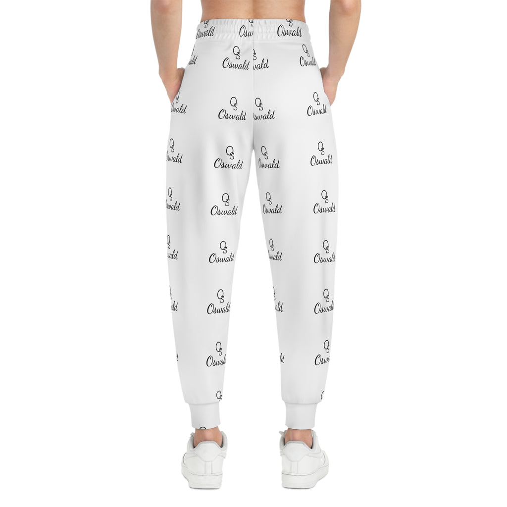 White All-Over Logo Athletic Joggers — Minimal Repeat Script Pattern