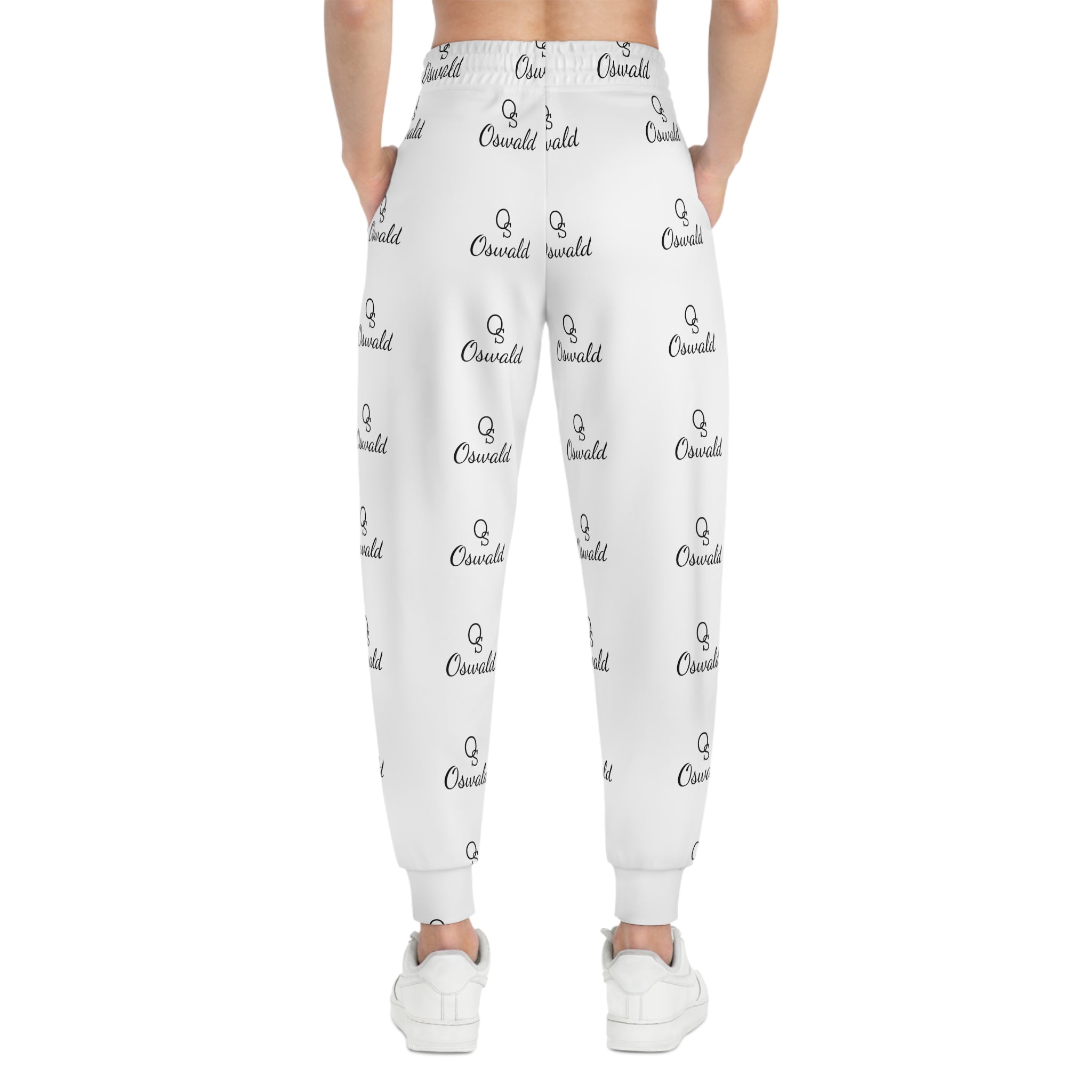 White All-Over Logo Athletic Joggers — Minimal Repeat Script Pattern