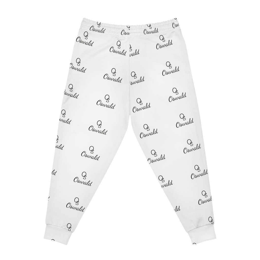 White All-Over Logo Athletic Joggers — Minimal Repeat Script Pattern