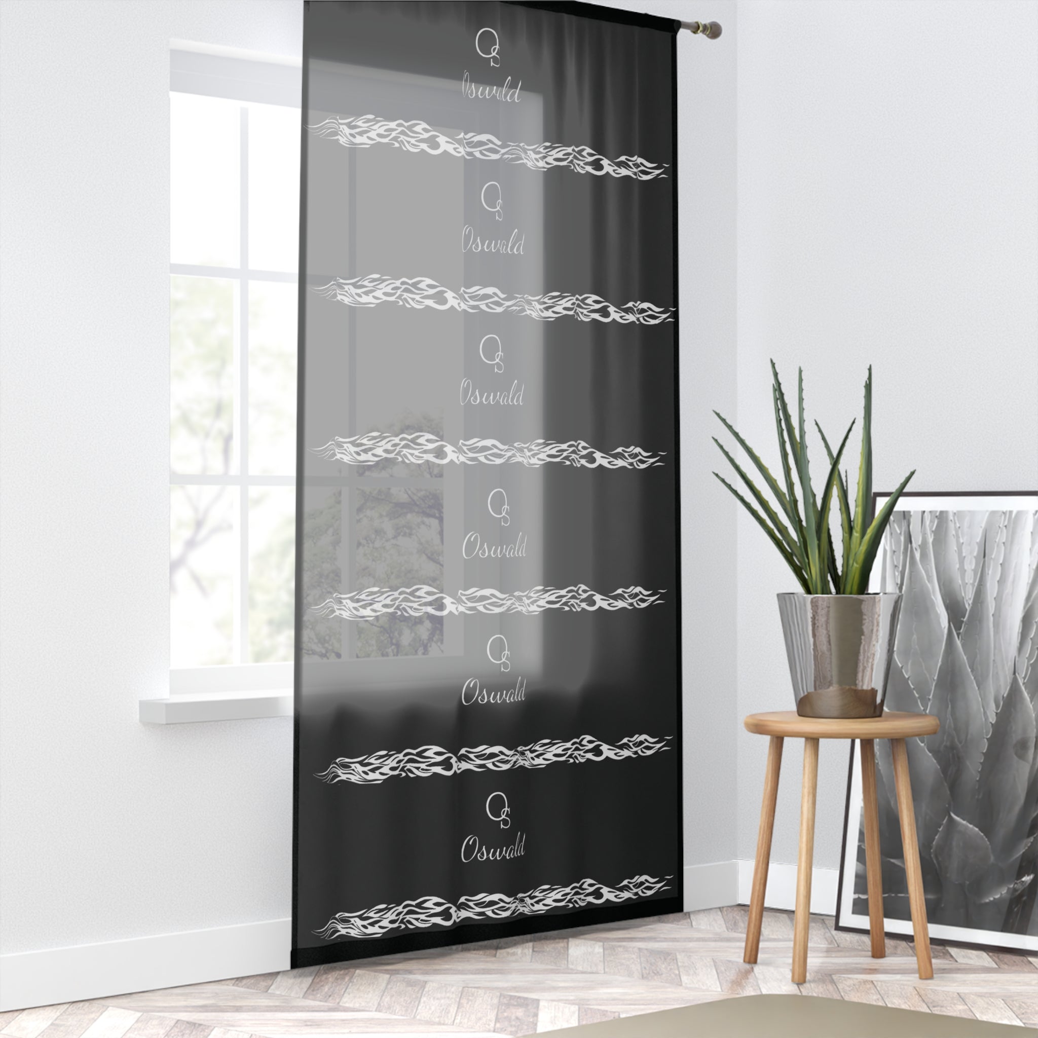 Oswald Monogram Black Sheer Window Curtain