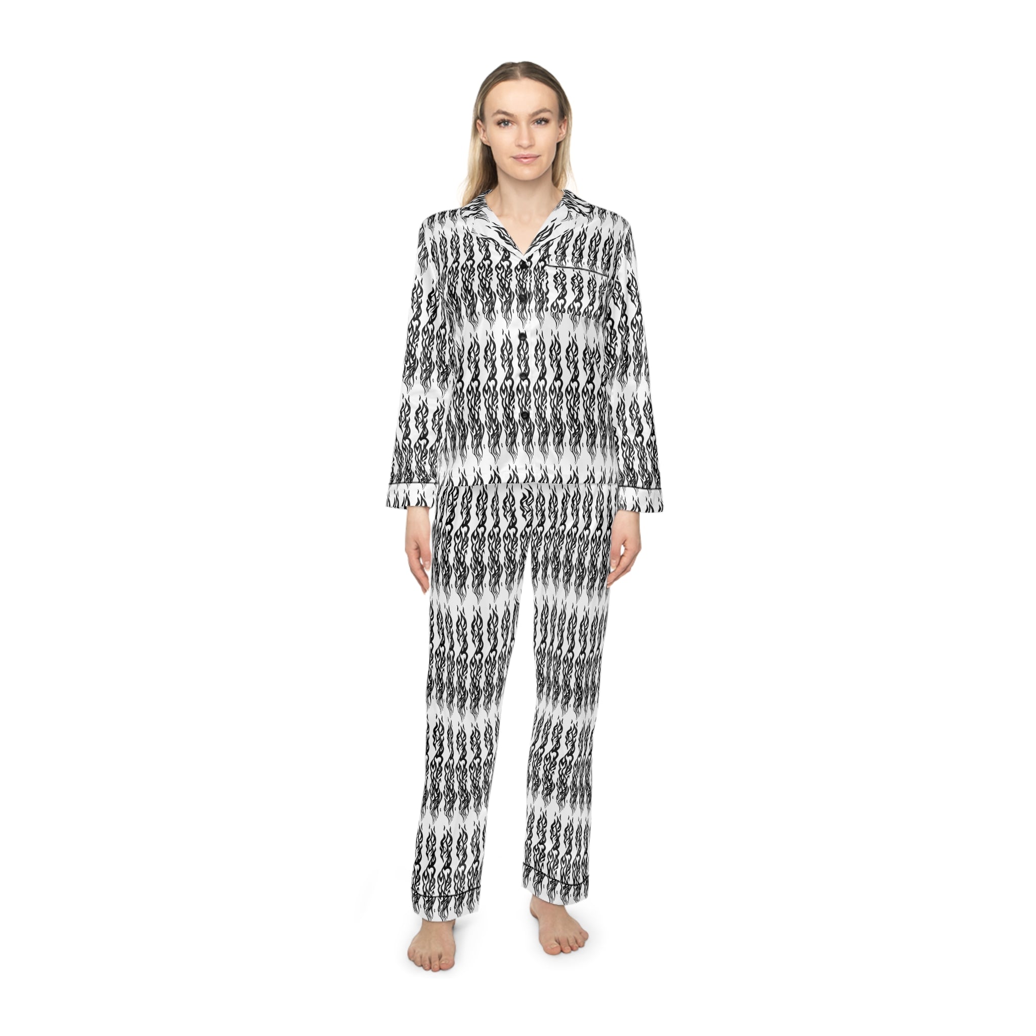 Black & White Geometric Satin Pajama Set — Women’s Luxe Sleepwear