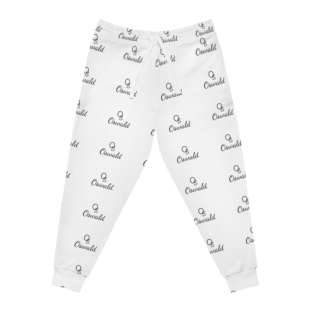 White All-Over Logo Athletic Joggers — Minimal Repeat Script Pattern