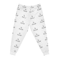 White All-Over Logo Athletic Joggers — Minimal Repeat Script Pattern