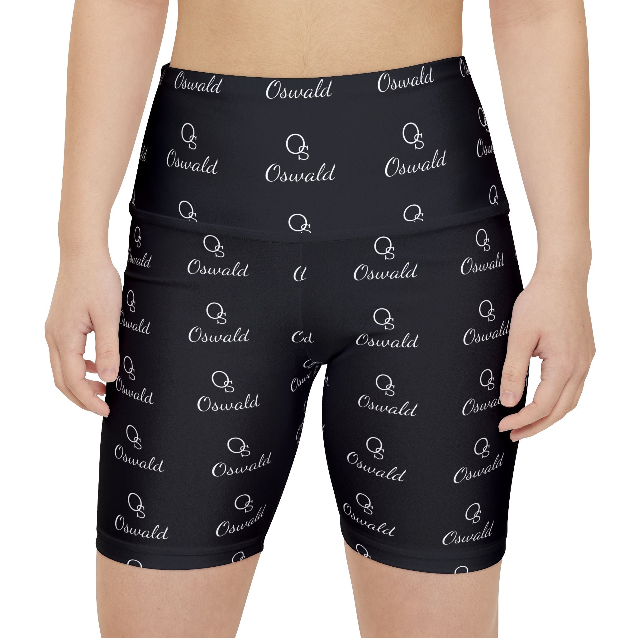 Monogram Repeat Women's Workout Shorts — Black All-Over Print Active Biker Shorts