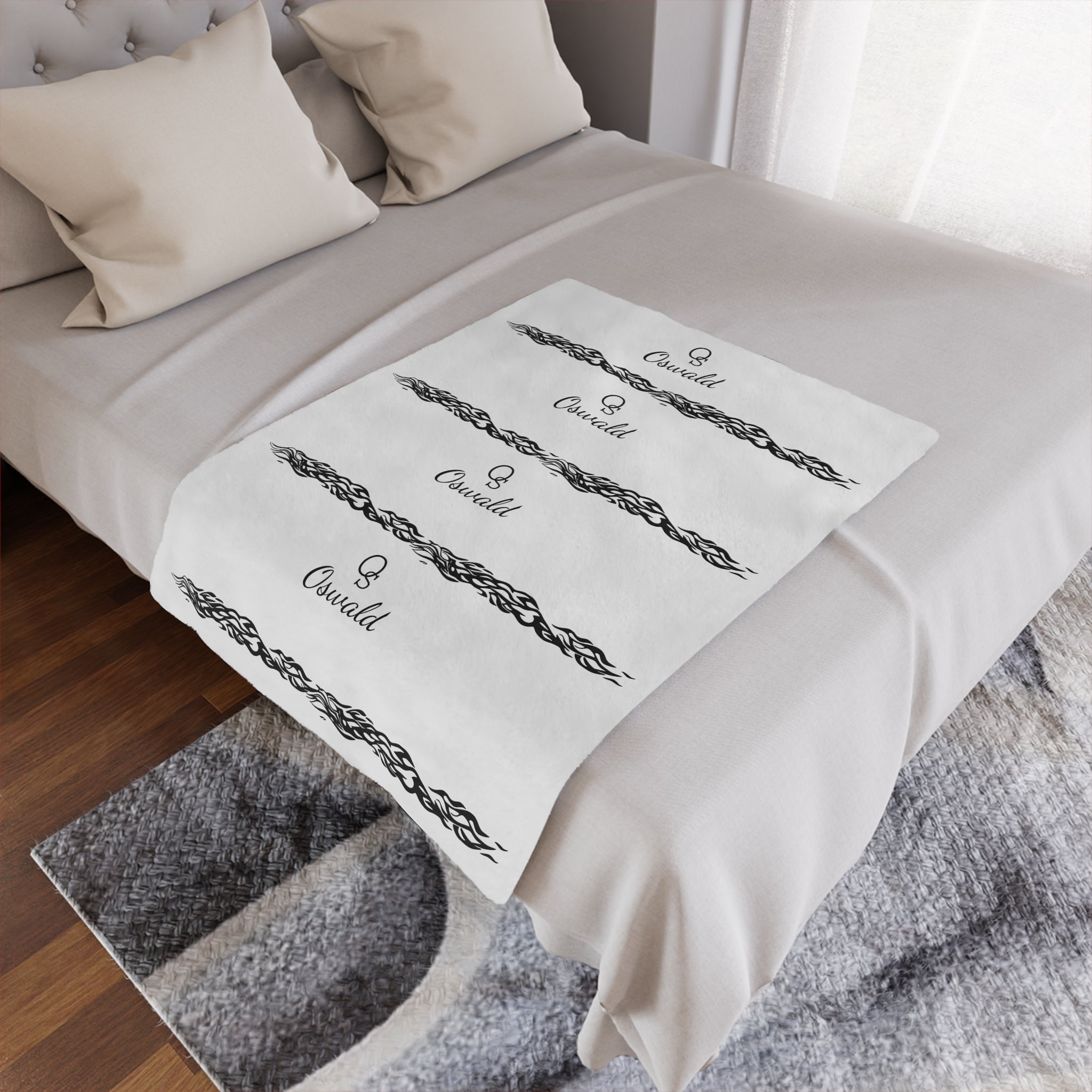 Oswald Minky Blanket – Monogram Script with Ornate Divider Stripes