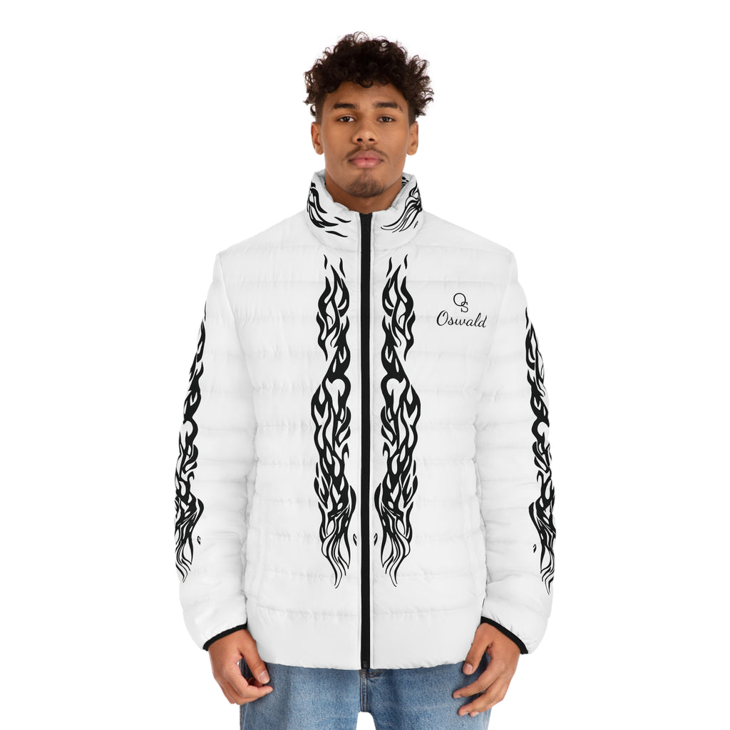 Men's Puffer Jacket —  with Black Tribal Accents