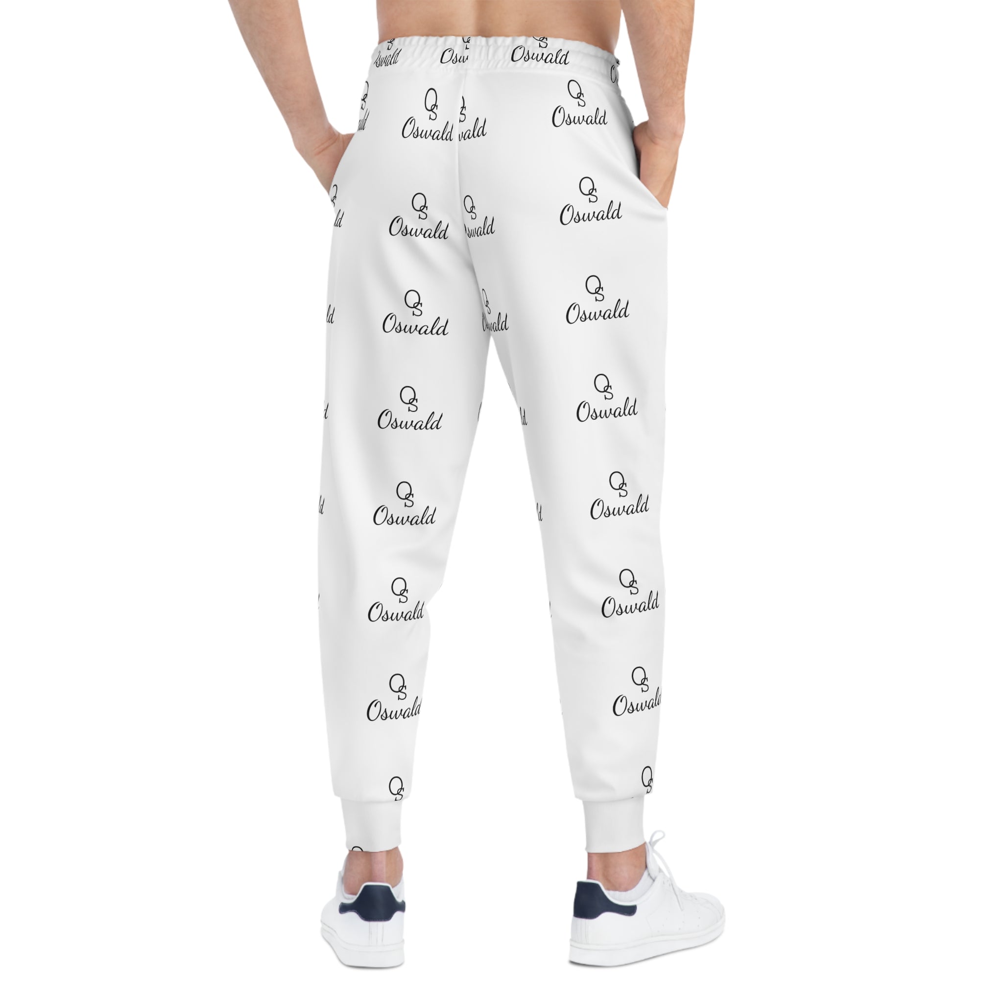 White All-Over Logo Athletic Joggers — Minimal Repeat Script Pattern