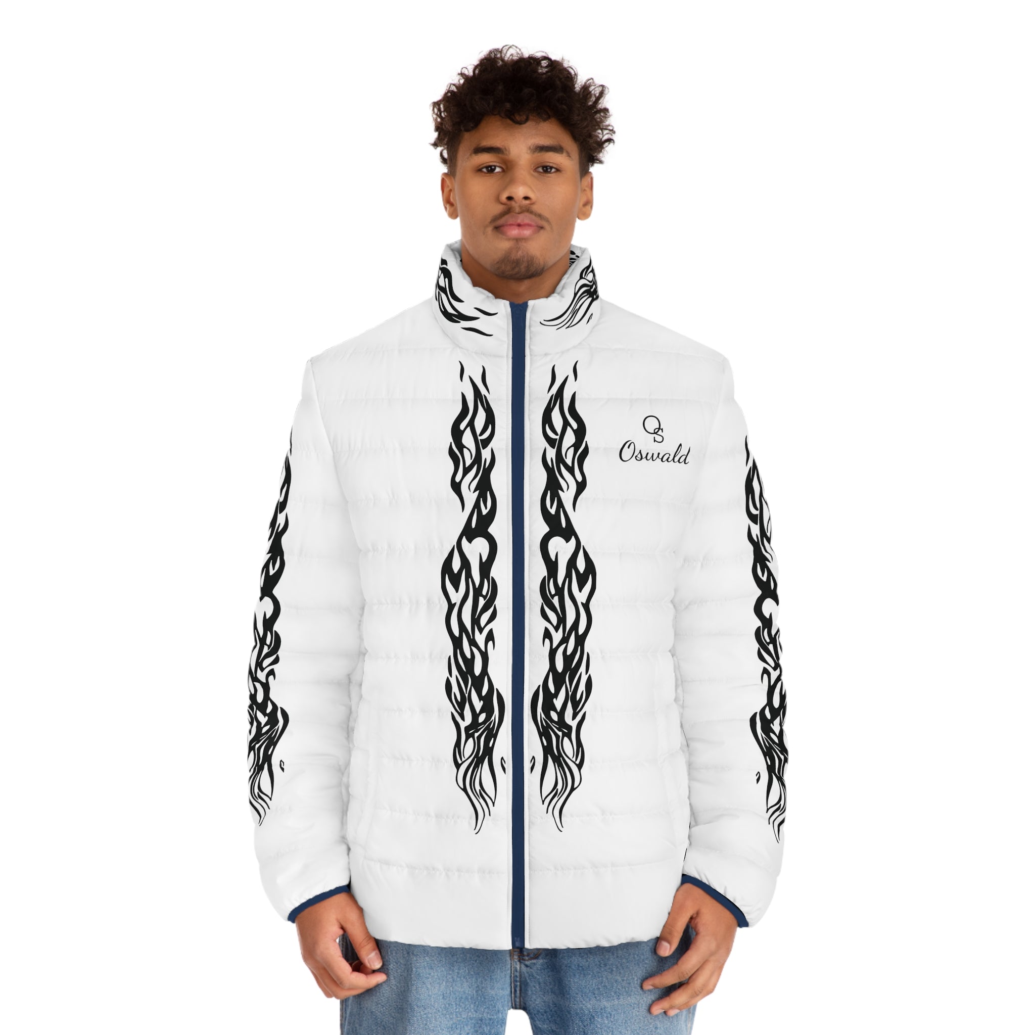 Men's Puffer Jacket —  with Black Tribal Accents