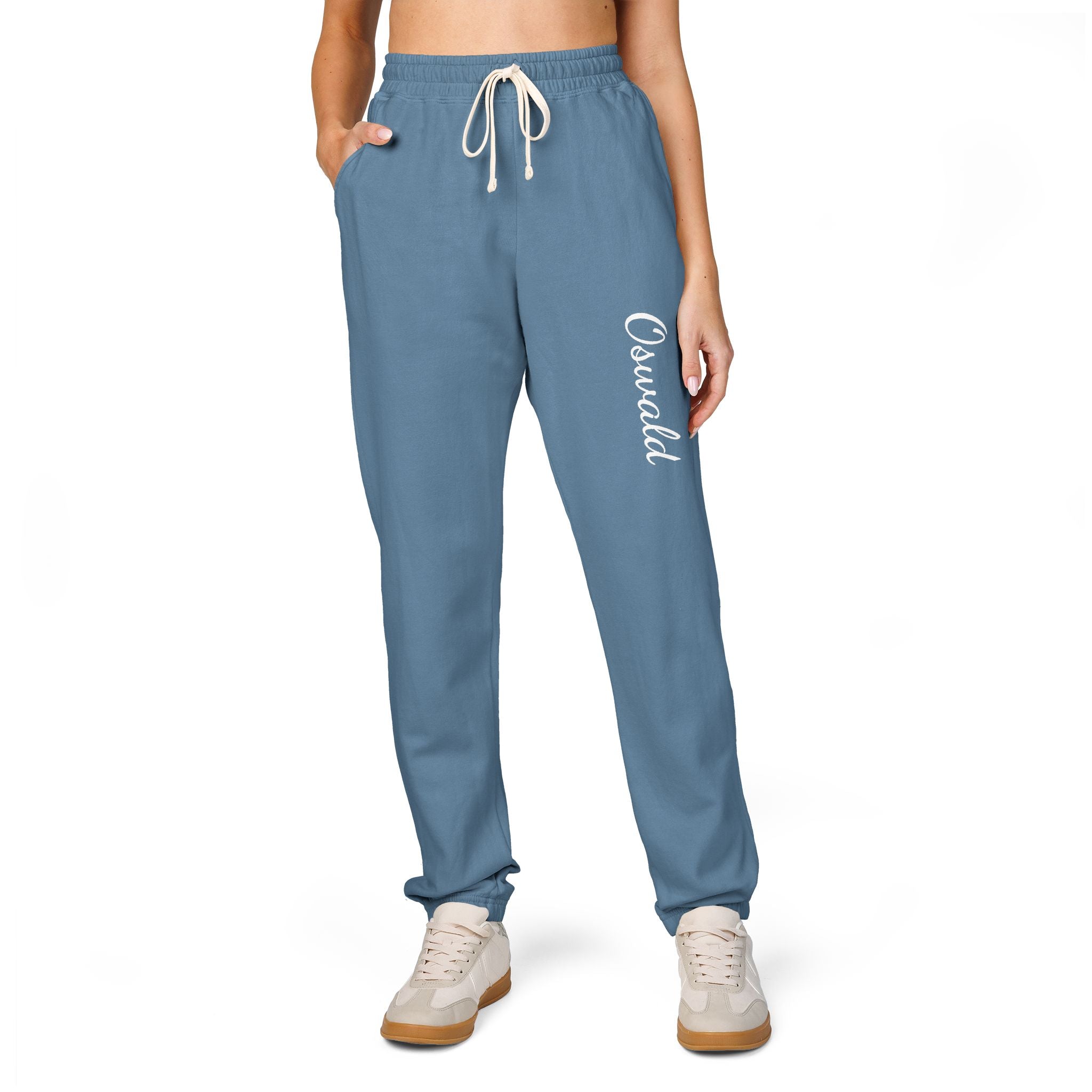 Embroidered 'Overalls' Fleece Sweatpants — Cozy Garment-Dyed Lounge Joggers