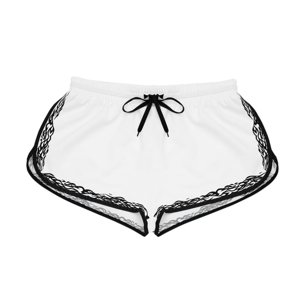Women's White Relaxed Shorts with Black Tribal Border — Lightweight Beach & Lounge Shorts