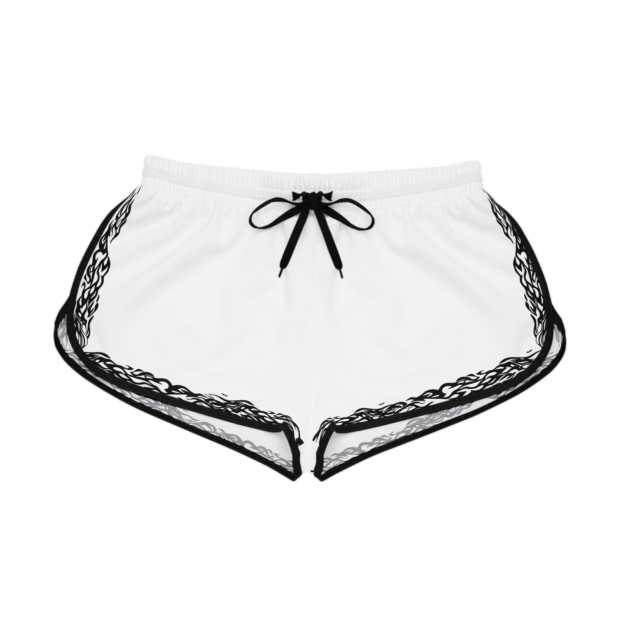 Women's White Relaxed Shorts with Black Tribal Border — Lightweight Beach & Lounge Shorts