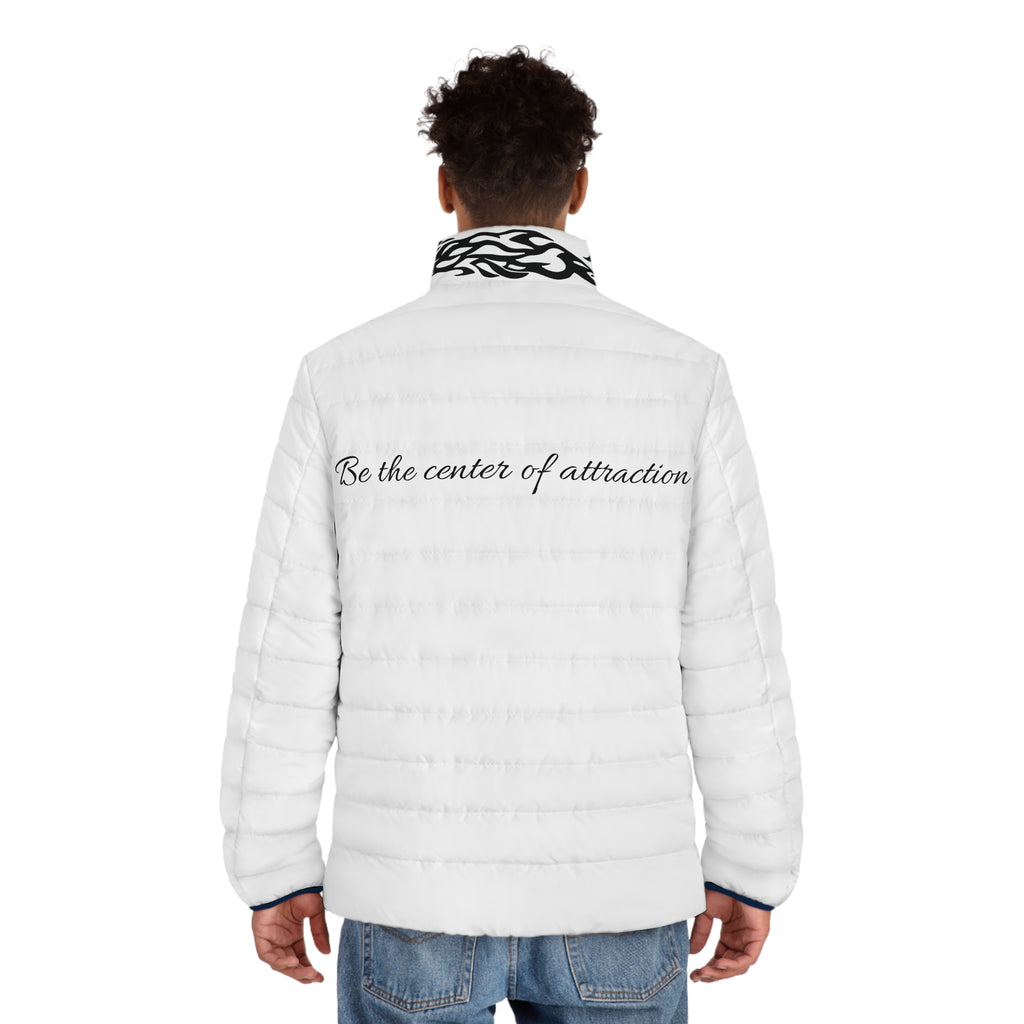 Men's Puffer Jacket —  with Black Tribal Accents