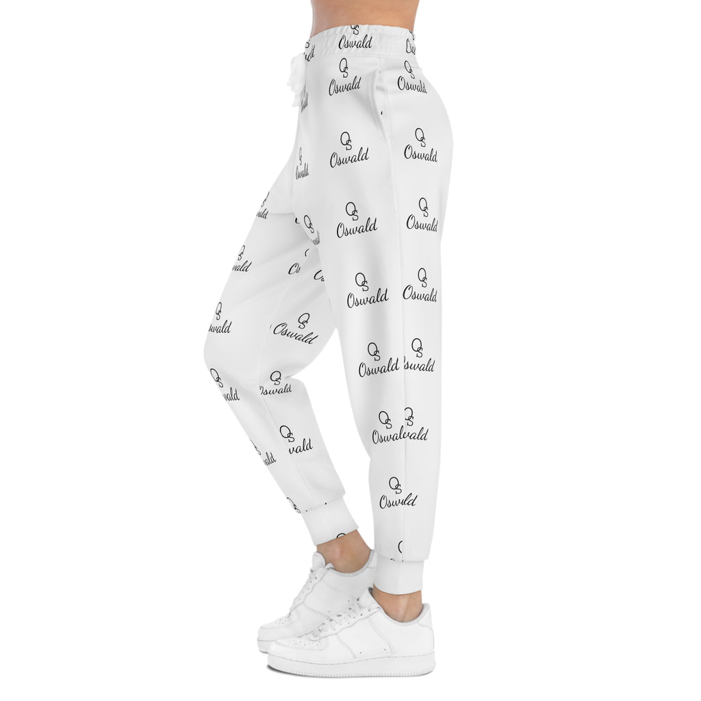 White All-Over Logo Athletic Joggers — Minimal Repeat Script Pattern