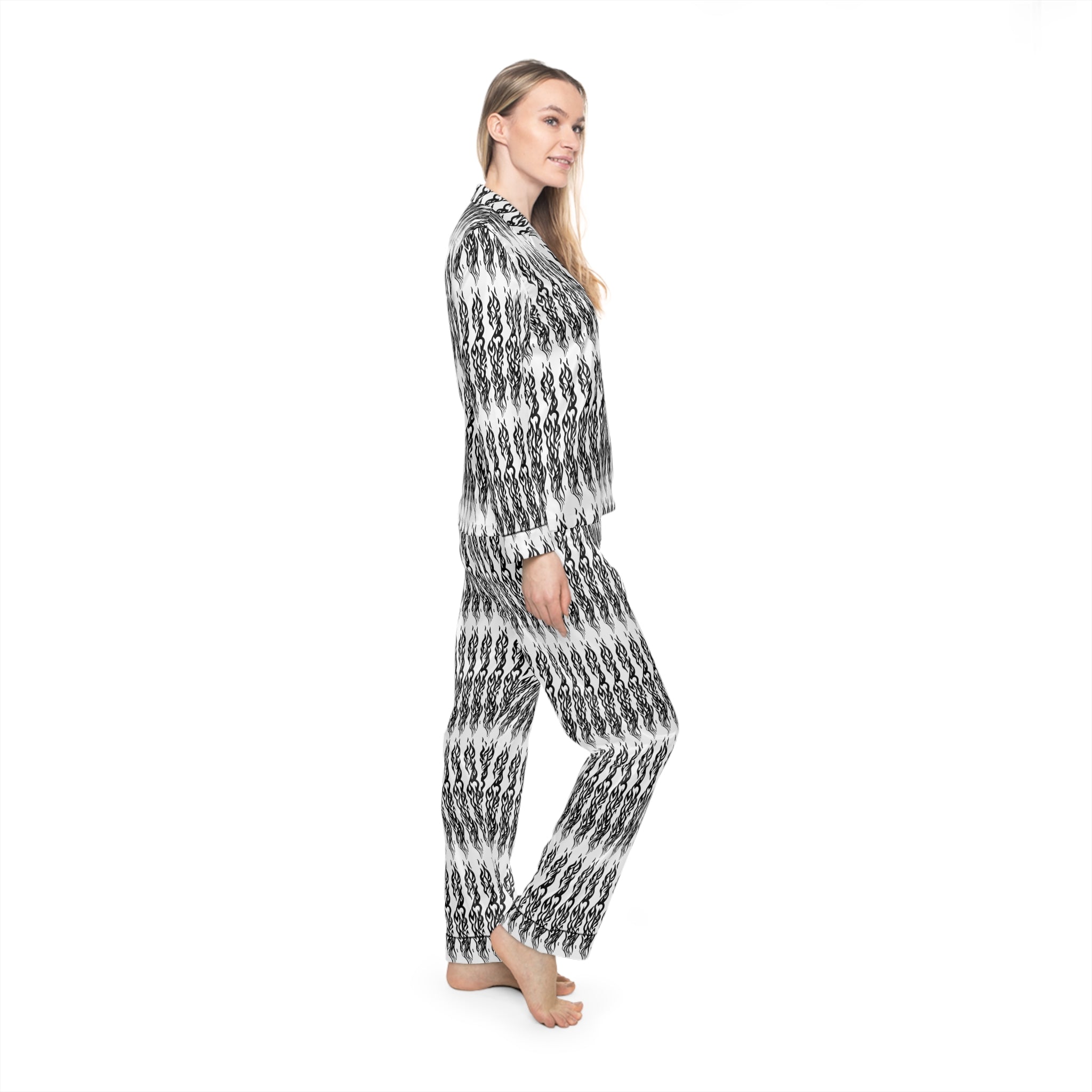 Black & White Geometric Satin Pajama Set — Women’s Luxe Sleepwear