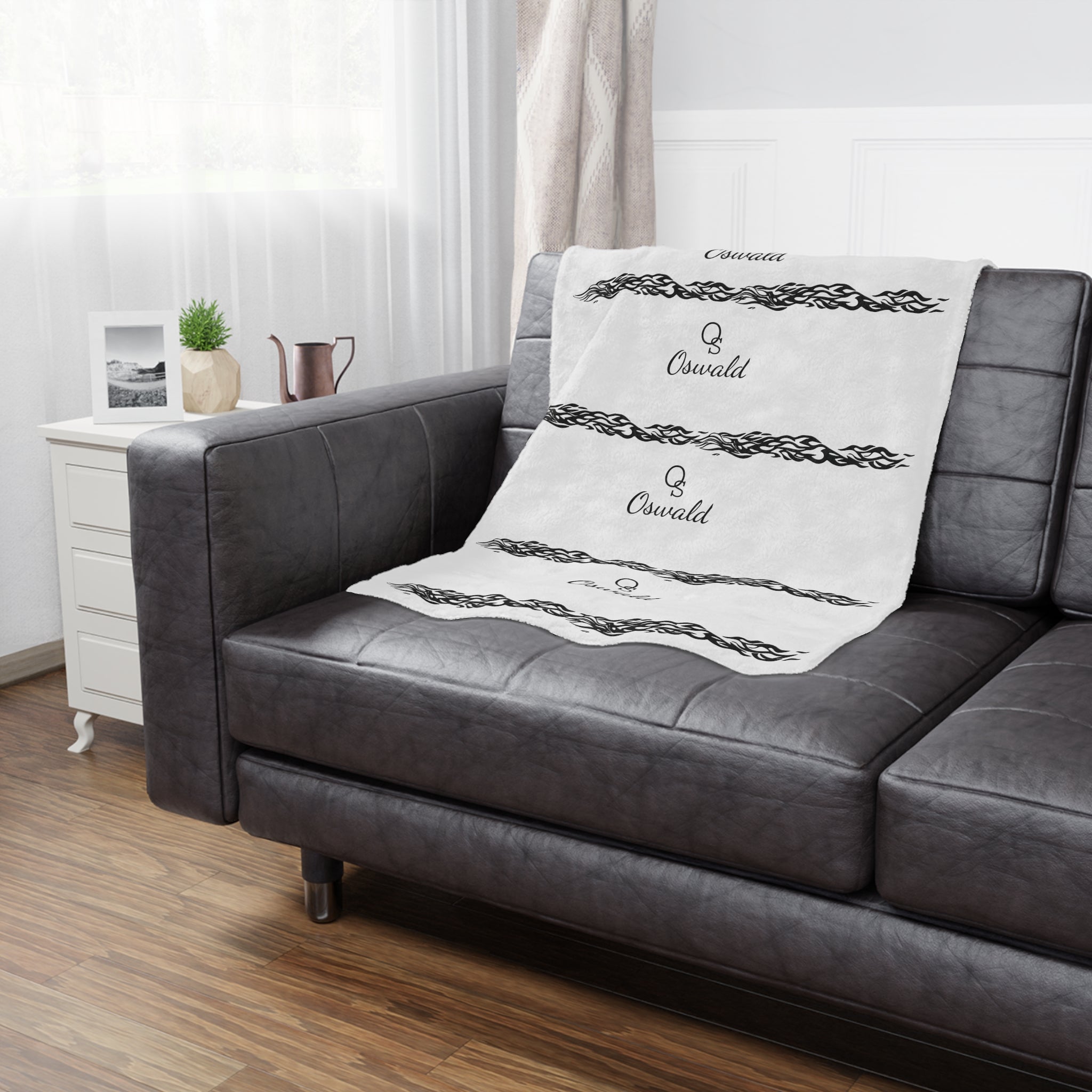 Oswald Minky Blanket – Monogram Script with Ornate Divider Stripes