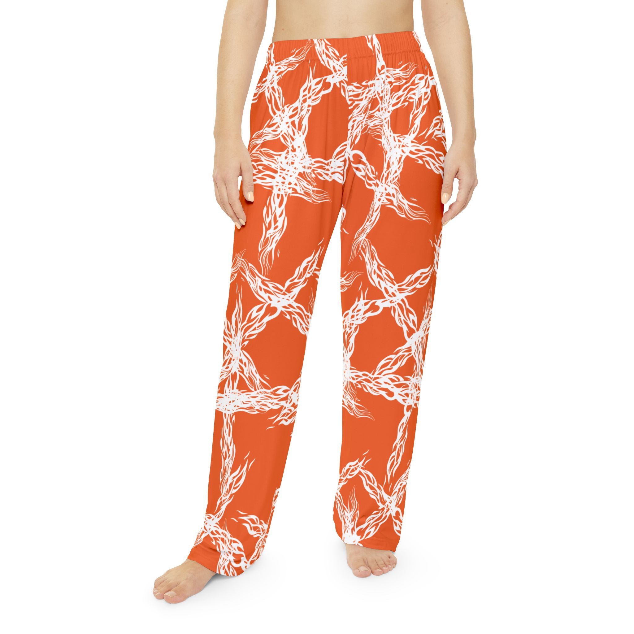 Women's Pajama Pants — Orange White Woven Knot All-Over Print